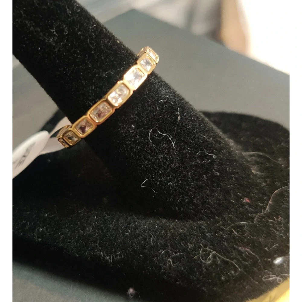 Moissanite Eternity Band Gold Bezel Set Emerald Cut Ring Size 7 Wedding Band